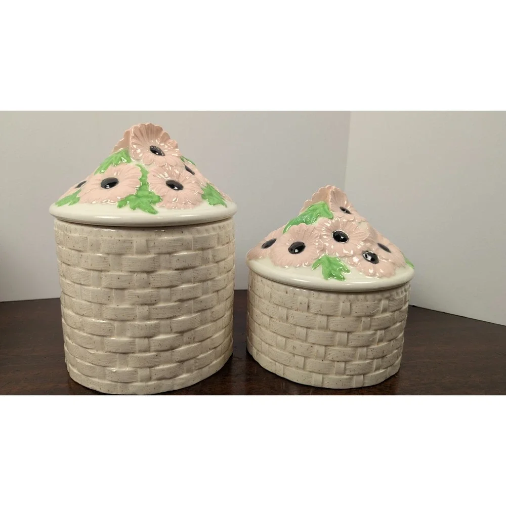 Vintage Ceramic Basket Weave Canisters Pink Daisy Flower Lids Speckled Stoneware
